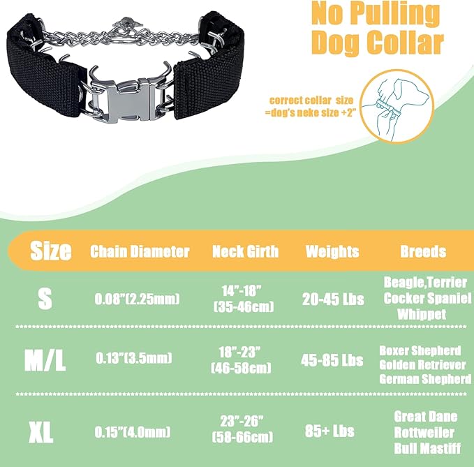 Prong Training Collar for Dogs, Adjustable Dog Pinch Collar with Quick Release Buckle, No Pull Collar for Small Medium Large Dogs, Extra Link and Caps (M/L(17-23" Neck, 3.2mm), Black)