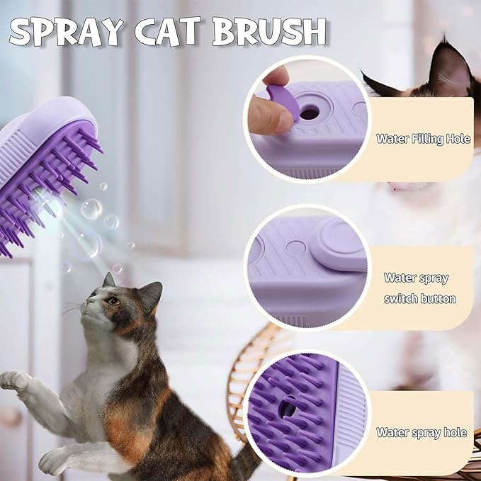 Cat Steam Brush for Shedding, Steam Brush for Indoor Cats, Water Brush, Cat Spray Mist Massaging Brush, Pet Hair Removal Brush, Suitable for Cats, Dogs and Rabbits, Cat Cleaning Brush