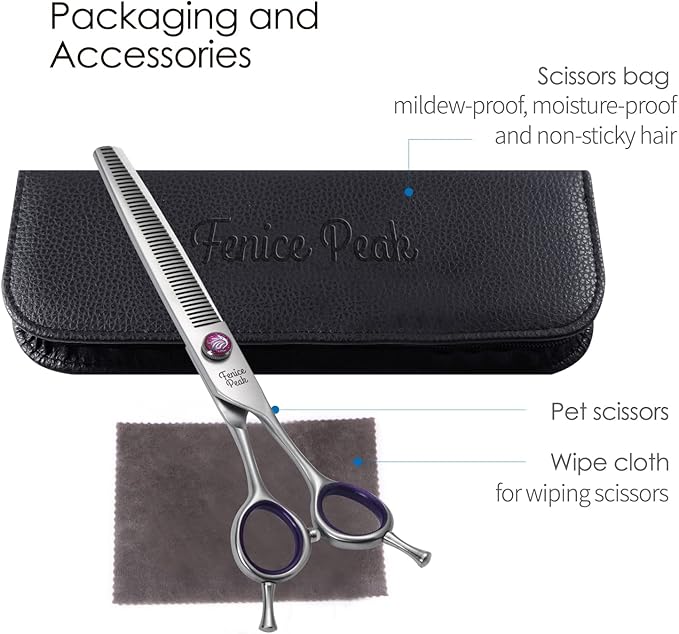 Fenice Peak 7'' Thinning Dog Grooming Scissors with Purple Finger Rings and Flashing Screw Professional 440C Stainless Steel Natural Color Pet Thinning Shears with Offset Handle Durable and Sharp