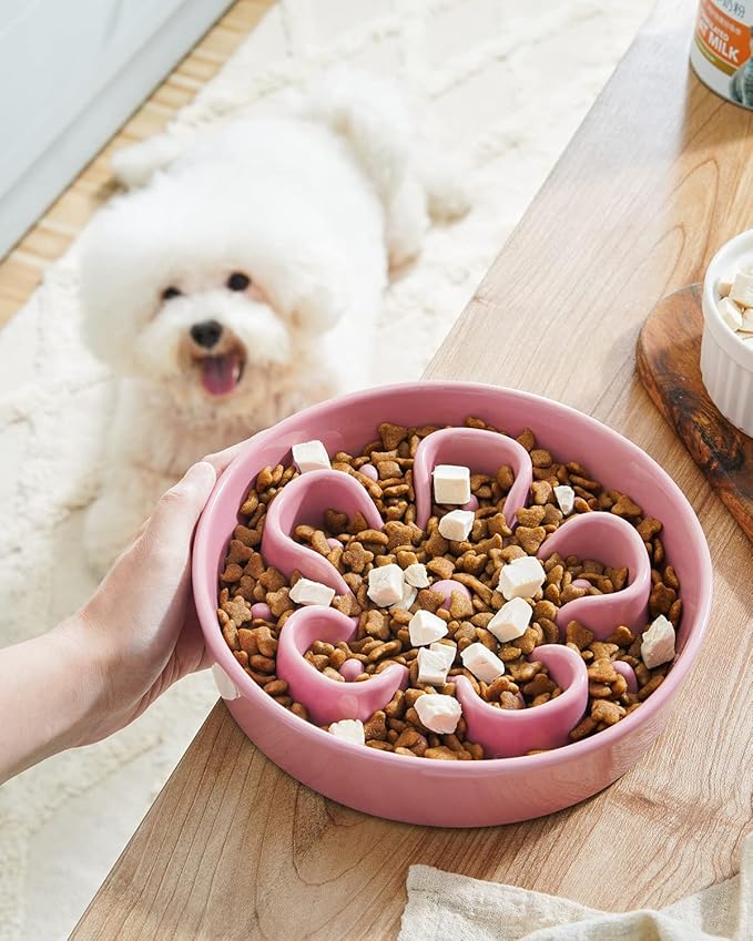 LE TAUCI Dog Bowls Slow Feeder, 1.5 Cup Ceramic, Puzzle Feeder for Fast Eaters, Pink Bloom