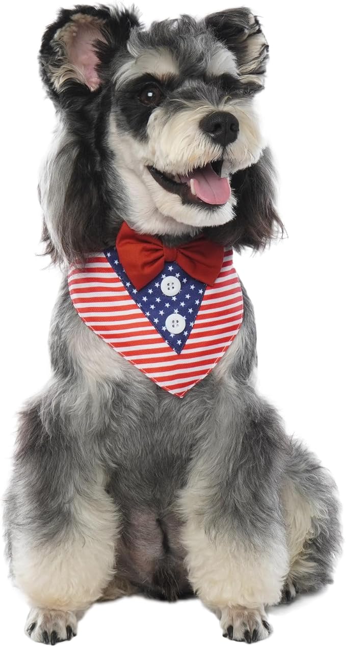 FUAMEY Independence Day Dog Scarfs 4th of July American Flag Dog Tuxedo Triangle Bibs with Bow Tie XS