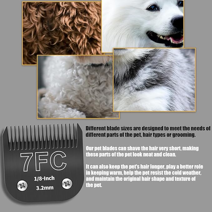 3 Pack 7FC Detachable Dog Grooming Steel Blades,Compatible with Andis,Oster A5,Wahl KM-10 Series,Cut Length 1/8" 3.2MM (Black)
