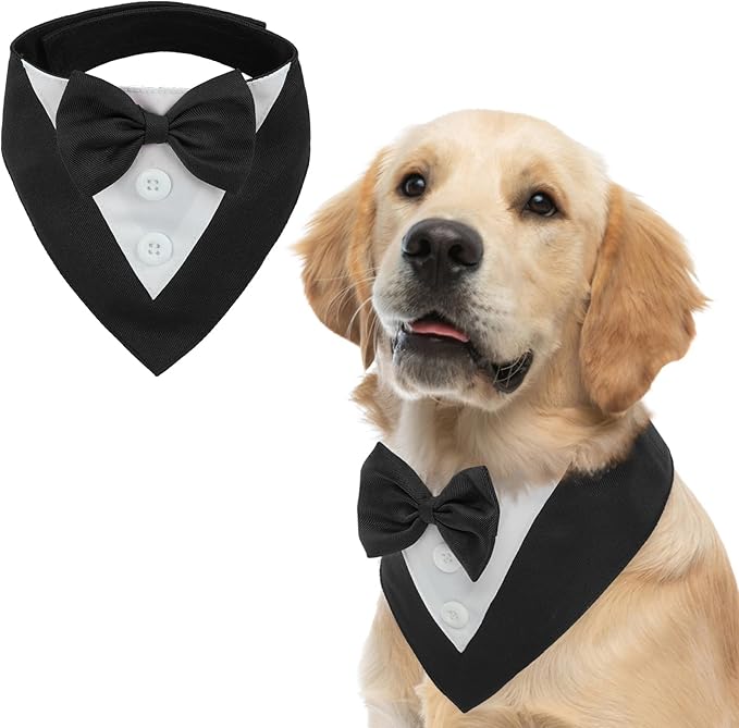 FUAMEY Tuxedo Bandana Collar With Bow Tie, Wedding Attire, Birthday Costume, Valentines Outfit for Small Medium Large Dogs, Black XL