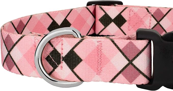 Country Brook Petz - Deluxe Pink and Brown Argyle Dog Collar - Made in The U.S.A. - Plaid and Argyle Collection Featuring Charming Designs (1/2 Inch, 2XS)