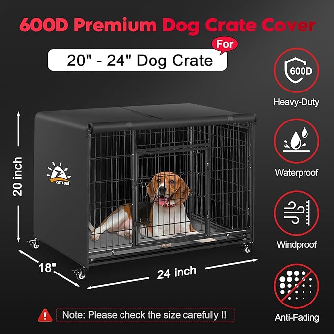 Dog Crate Cover 24 Inch - 600D Kennel Crate Covers for Dog Cage Waterproof & Heavy Duty, Small Dog Cage Cover Universal Fit for Most Wire Pet Crates - 24 x 19 x 19 Inch (Cover Only)
