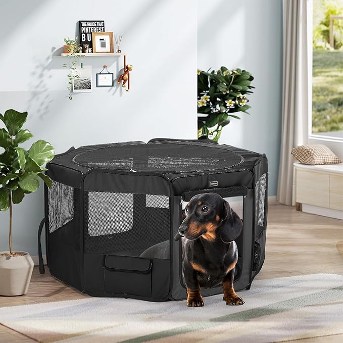 DONORO Dog Playpen Portable Pet Play Pens for Small Dog/Cat/Rabbit/Chicks, Cat Playpen Indoor/Outdoor with Carring Case, Removable Zipper Top and Bottom (Black, Medium (36"x36"x20"), 8)