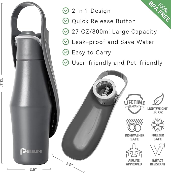 27 OZ Dog Water Bottle Portable Stainless Steel Convenient Pet Water Dispenser, Leak Proof Puppy Travel Water Bowl for Dog Outdoor Walking, Hiking, Perfect Size for All Dog Breeds, Whole Grey