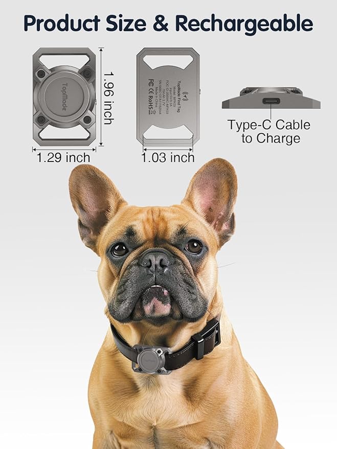 TopMade Smart Pet Tracker with Collar Holder, Cat Dog Tracker Compatible with Apple Find My, Anti-Lost Device Find Tag for Dogs, Cats, Pets, Luggage, Bag Straps, Not a GPS Tracker, Gunmetal