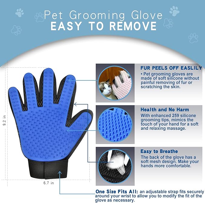 GOESWELL Double-Sided Undercoat Rake for Pet Grooming - Shedding and Dematting Comb with Grooming Glove (Blue 2 Pack)