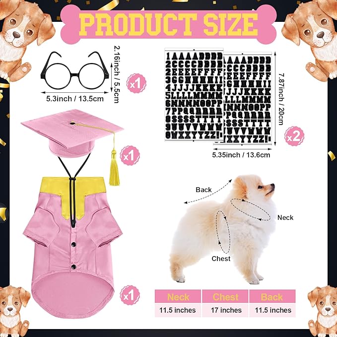 5 Pcs Dog Graduation Costume Set Include 2025 Pet Graduation Gown with Stole Puppy Grad Cap Lensless Glasses DIY Letter Stickers for Dogs Cats Holiday Costume Accessory(Pink Yellow,S)