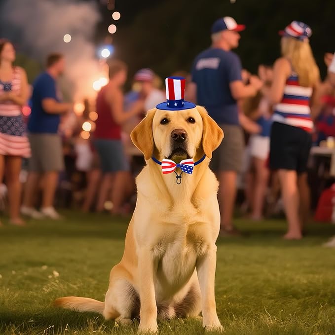 4th of July Dog Outfit, Patriotic Dog Top Hat and Bow Tie Collar Set, Pet Independence Day Costume Accessories for Dogs Cats Puppy