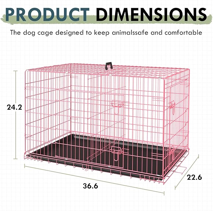 PayLessHere Large Dog Crate Kennel for Medium Large Dogs 36 inches Metal Dog Cage Double-Door Folding Travel Indoor Outdoor Puppy Playpen with Divider and Handle Plastic Tray,Pink