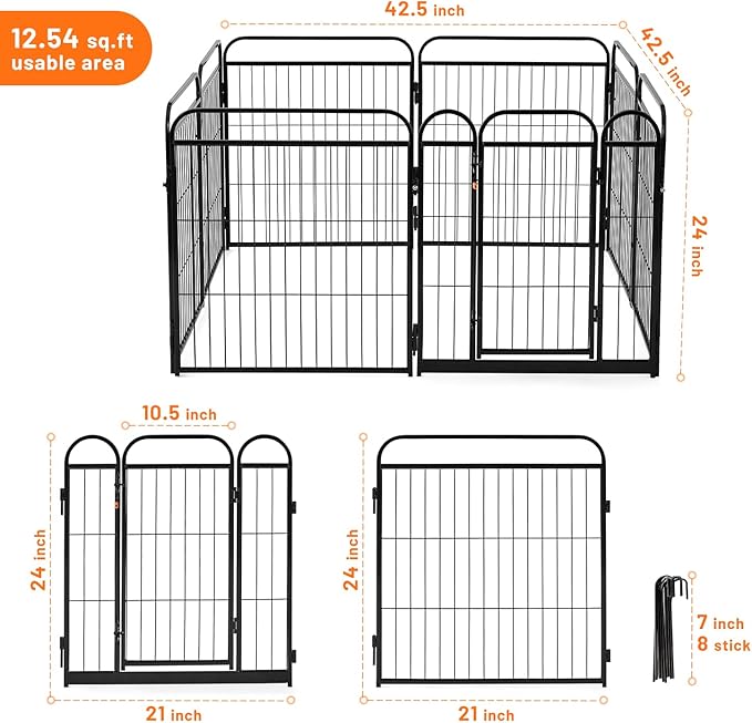 Dog Play Pen Indoors - 8 Panels 24" Playpens Indoor Safety Design Without Stakes, Threshold Free Door Ease to Access, Portable Fence Ground Anchors for Outdoor, Yard and RV Camping