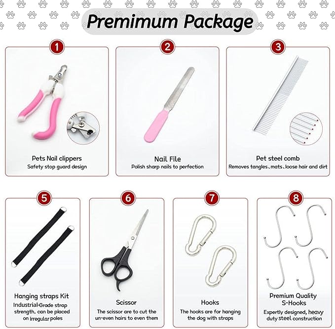 Pet Grooming Hammock for Multipurpose Use, 13 PCS Pet Grooming Kit for Cat & Dog Grooming, Dog Hammock with Nail Clippers/File/Scissors/Steel Comb for hairs, Dog Grooming Harness for Nail Trimming