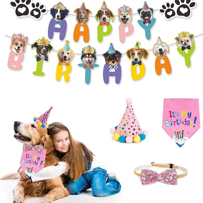 Girl Dog Puppy Theme Decorations With Dog Birthday Hat,Bow Tie,Bandana,Banner (Pink 4 Pack, Small, Medium, Large)