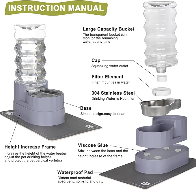 RIZZARI 8L Raised Automatic Pet Waterer, Gravity fed Stainless Steel Waterer, 100% BPA Free, Large Capacity Feeder for Cats and Medium to Large Dogs (Gray,8L)