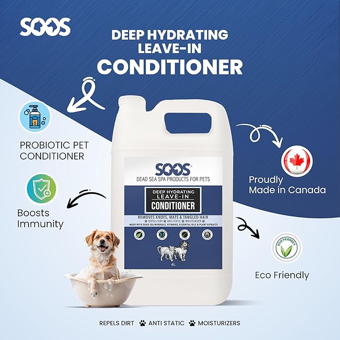 Soos Pet Dog Conditioner Deep Hydrating Leave-in Natural Dead Sea Minerals Skin Moisturizer Polish Deeply Absorbing with Vitamins Natural Ingredients for Dogs and Cats - 1x Pet Conditioner (4L)