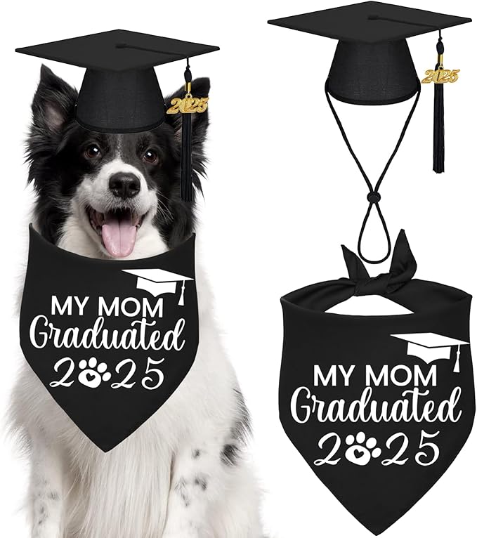 STMK Dog Graduation Cap Bandana, Graduation Dog Cap with 2025 Tassels Dog Graduation Outfits Gifts Graduation Bandana for Small Medium Large Dogs (Black, Cap & My Mom Graduated Bandana)