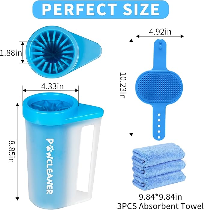Buddy Muddy Pet Foot Cleaner with Handle, Adjustable Brush, and 3 Absorbent Towels (Blue, Large)