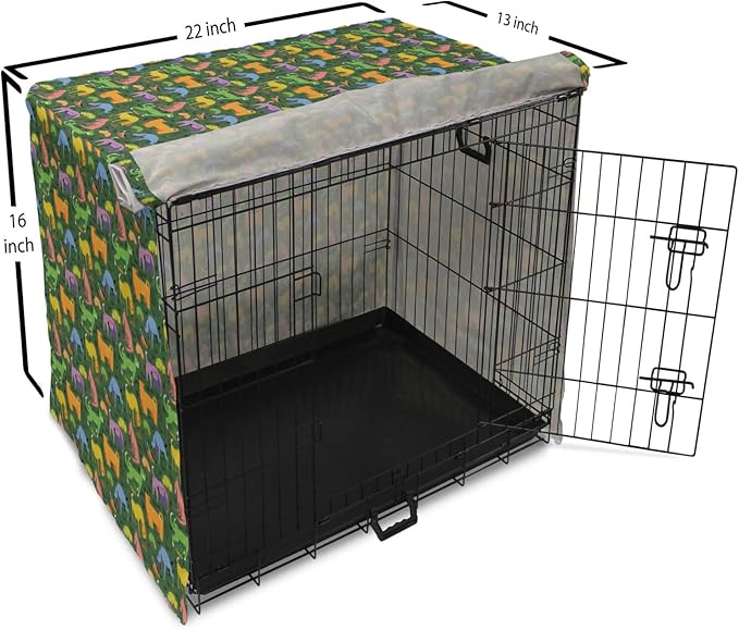 Ambesonne Dog Dog Crate Cover, Illustration of Various Colorful Animals Assorted Cartoon Style Pets, Easy to Use Pet Kennel Cover for Small Dogs Puppies Kittens, 22 Inch, Hunter Green Multicolor