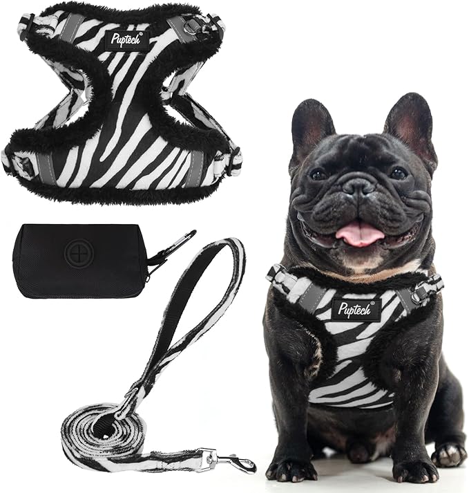 PUPTECK No Pull Dog Harness and Leash Set Reflective No Choke Step in Puppy Halter for XS Small and Medium Sized Dogs, White Zebra Print, Plush, L