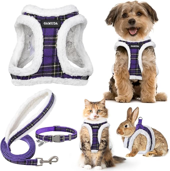 GAMUDA Small Dog Harness Collar and Leash Set, Step in No Chock No Pull Soft Mesh Adjustable Dog Vest Harnesses Plaid Reflective for Dogs Puppy Cats Kitten Rabbit (Warm Purple, S)