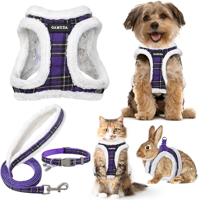 GAMUDA Small Dog Harness Collar and Leash Set, Step in No Chock No Pull Soft Mesh Adjustable Dog Vest Harnesses Plaid Reflective for Dogs Puppy Cats Kitten Rabbit (Warm Purple, XXS)