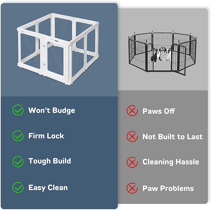 Clear Dog Playpen Indoor, 24" Acrylic Plastic Pet Play Pen with Door, Playpen for Puppy Cat Rabbit Ferret, Easy to Install Preferable Playpen for Small Dogs, Customizable, White 8 PCS