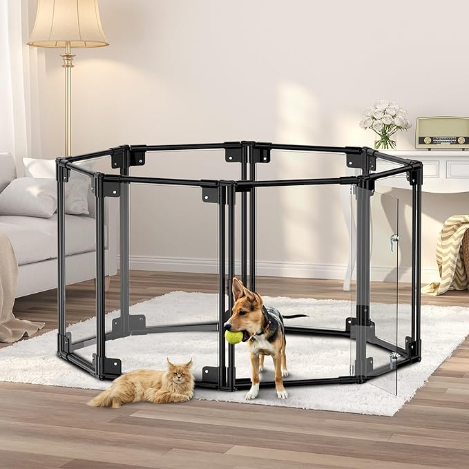 Clear Acrylic Dog Playpen with Door | 35x35x25 Inch Adjustable Pet Playpen | Instant Setup Indoor Dog Pen for Small/Medium Dogs | Hexagon, Octagon Configurations (Black, 8)