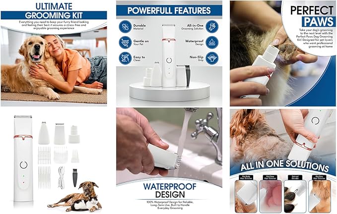 4-in-1 Dog Grooming Kit Hair Clippers - Electric Low Noise Paw Trimmer - USB Rechargeable - Cordless Quiet Nail Grinder Trimmer for Cats and Dogs