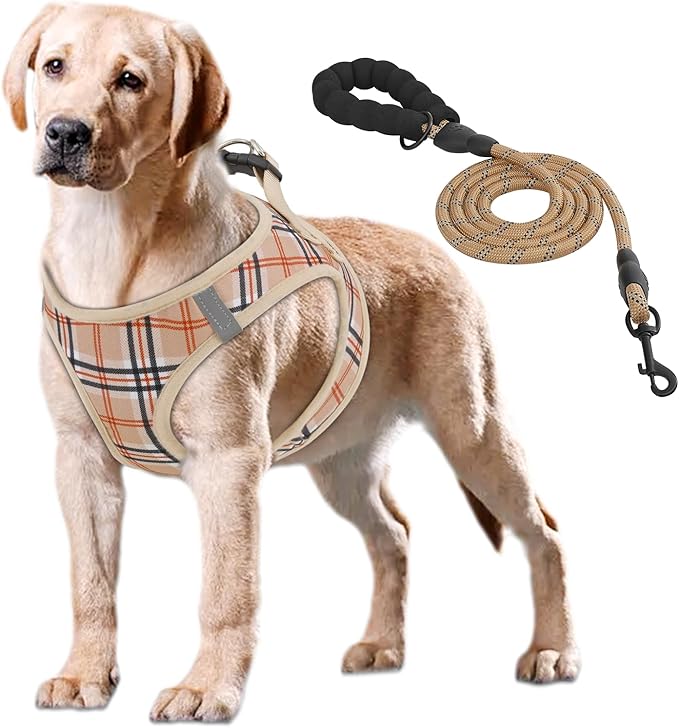 Athena Collection Step-in Dog Harness with 5 ft Leash, Large Dog Harness Leash Set Large No Pull Dog Vest Harness with Reflective Strips Adjustable Velcro, Easy Walk Dog Harness, Beige