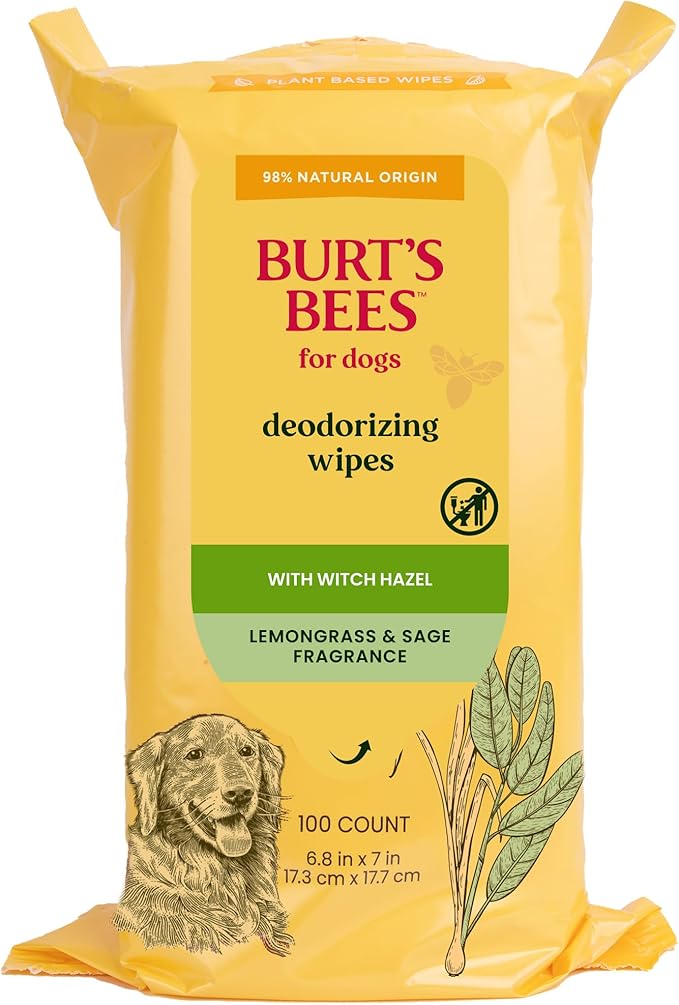 Burt's Bees for Pets Deodorizing Dog Wipes with Witch Hazel, Lemongrass and Sage Fragrance, 98% Natural Origin Formulas, Dog Wipes Cleaning and Deodorizing, Dog Deodorizer Wipes, 100ct