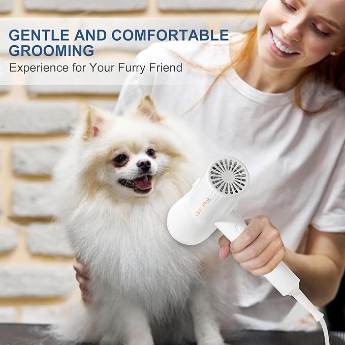 L&W BROS. Low Noise Pet Dryer for Small Dogs - 2-In-1 Indoor Grooming Dryer with Slicker Brush, Adjustable Temperature and Overheating Protection (White)