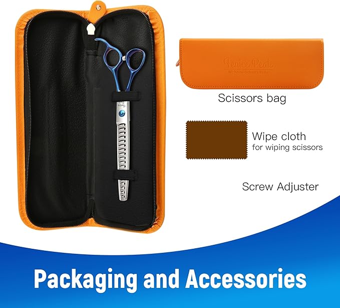 Fenice Peak Grooming Scissors for Dogs 7 inch Chunker Pet Grooming Scissors Ergonomically Designed Blue Handles Ideal Dog Shears for Precise Trimming Easy Use.