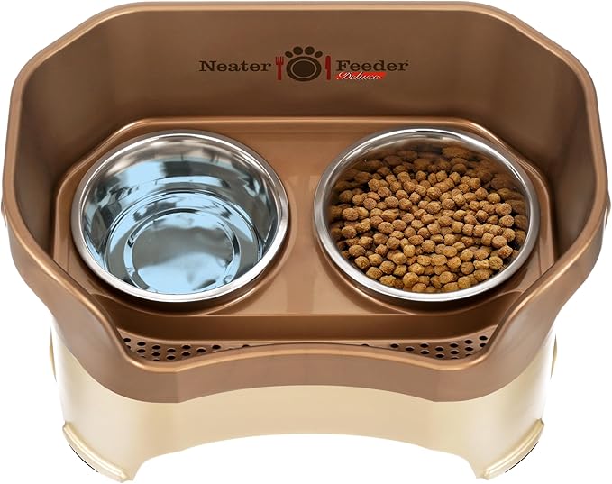 Neater Feeder Deluxe Mess Proof Dog Bowls Elevated for Large Breed – Made in USA – No Spill Raised Dog Food Bowl Stand – Stainless Steel Food and Water Bowl Set, Pet Dish Feeding Station, Bronze