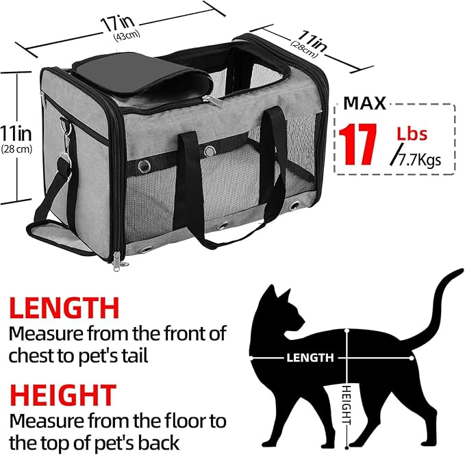 Soft Sided Cat/Dog Carrier,Collapsible Pets Travel Carriers for Pet/Puppy with Shoulder Strap & Removable Mat,Mesh Top Load Small Dogs/Cats Carry Bag Up to 17 Lbs TSA Airline Approved(Grey,M)