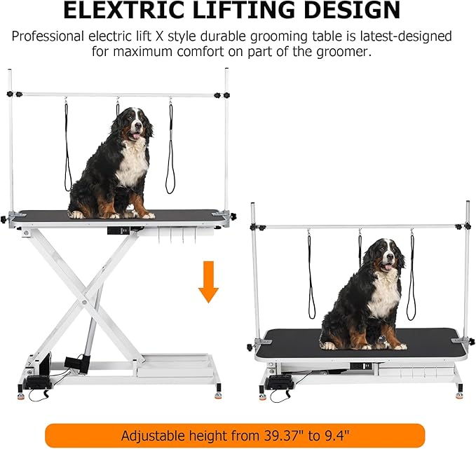 47” Electric Lift Dog Grooming Table (White), Heavy Duty Electric Grooming Arm Table for Pets & Large Dogs Adjustable Height: 9.4"-39.4" Non-slip Desktop with Gantry Crane Set, Fixture *4 Noose*2