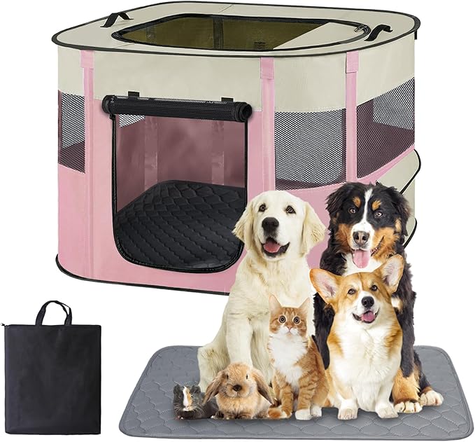 Pet Dog Cat Playpen Tent,Foldable Cat Cage Kennel,Portable Collapsible Puppy Crate for Indoor Outdoor Travel Camping Use with Washable Pad,Water-Resistant Breathable Shade Cover Pink M