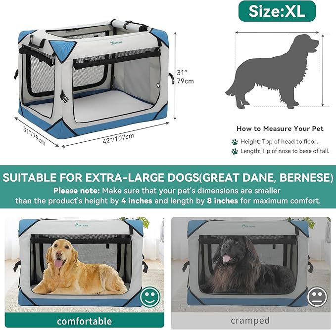 YITAHOME Collapsible Dog Crate, 4-Door Portable Travel Dog Crate, 4-Door Folding Soft Dog Kennel with Breathable Mesh Windows & Soft Mat,Indoor & Outdoor Use, 42" L x 31" W x 31" H, Flat Style