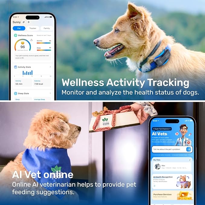AI GPS Tracker for Dogs (30lbs+), Real Time Location and AI Vet Health Management, Electronic Fence, Waterproof, iOS and Android Universal(Black)
