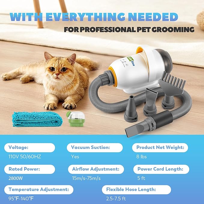 Dog Dryer for Pet Grooming, Blow & Vacuum 2-in-1 Dog Hair Dryer, 3.5HP/2800W High Velocity Blow Dryer for Pet, Adjustable Temperature 95-140℉ & Airflow 15-75M/S with 4 Nozzles/Extra Filter/Towel/Brush