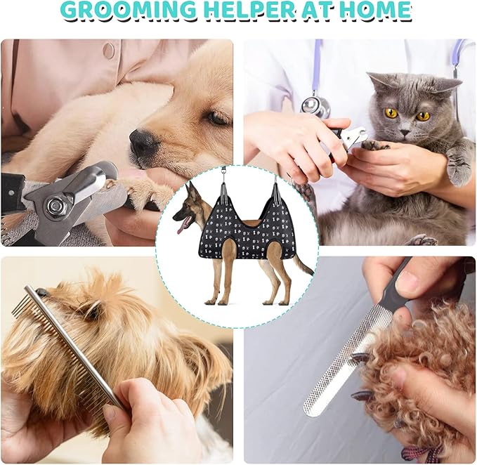 Pet Grooming Hammock, Dog Restraint Harness with Nail Clippers/Trimmer/Nail File/Comb, Cute Printed Dogs Sling Hanger for Nail Trimming Grooming (XXL)