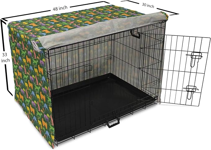 Ambesonne Dog Dog Crate Cover, Illustration of Various Colorful Animals Assorted Cartoon Style Pets, Easy to Use Pet Kennel Cover for Medium Large Dogs, 48 Inch, Hunter Green Multicolor
