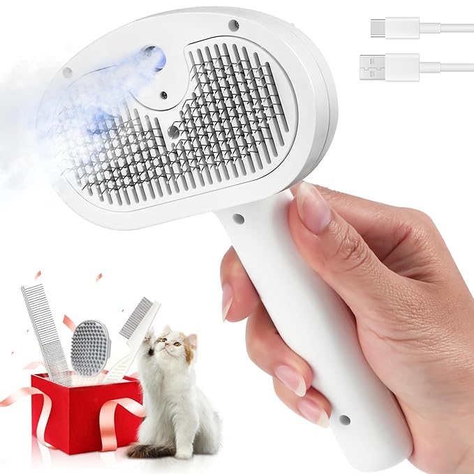 Cat Steam Brush with Mist Spray, Self-Cleaning Grooming Tool for Dogs & Cats, Rechargeable, Anti-Static, Removes Shedding, Mats & Tangles, Perfect for Short & Long Haired Pets – 4 PCS Set