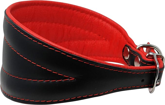 Real Leather Extra Wide Padded Tapered Dog Collar Glossy Black Greyhound Saluki Deerhound Lurcher Whippet Dachshund (16.25"-18.75" Neck; 3" Wide, Red)