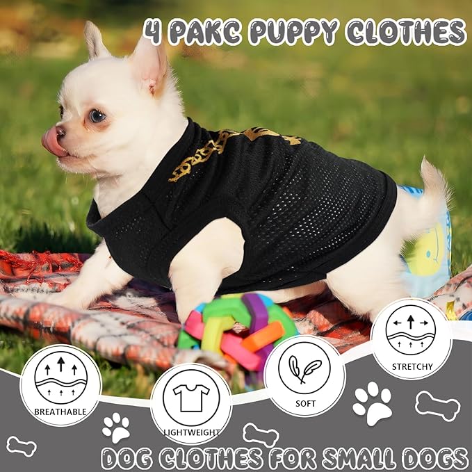 4 Pack Dog Clothes for Small Dog Black Puppy Clothes Soft Chihuahua Clothes K9 Boss Security Pattern Small Dog Shirt Summer Autumn Pet Clothing (XX-Small)