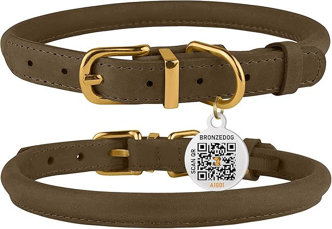 BRONZEDOG Rolled Leather Dog Collar with QR ID Tag Adjustable Soft Round Collars for Small Medium Large Dogs Puppy Cat (19" - 21" Neck Size, Nut Brown)