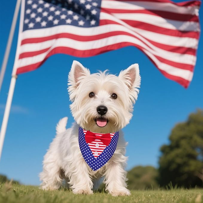 ADOGGYGO American Flag Dog Tuxedo Bandana, Red Blue Pet Tux with Bowtie Adjustable 4th of Julty Bandana Costume for Small Dogs Pets (S)