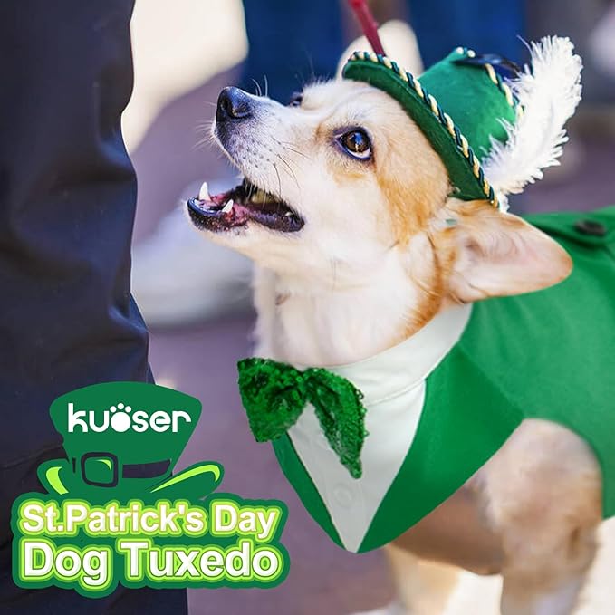 Kuoser St. Patrick's Day Dog Tuxedo Suit and Bandana Set, Large Dog Wedding & Party Attire, Prince Bow Tie Shirt, Golden Retriever, Samo Bulldogs