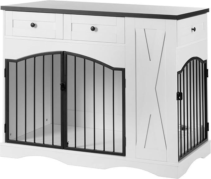 Ball & Cast 43.3" 2-in-1 Dog Crate Furniture,Modern Indoor Kennel with 2 Drawers&Storage Shelves,Double Doors&Double Locks Design for 41-70 lbs Dogs,Living Room,Kitchen,Entryway Side Table,White